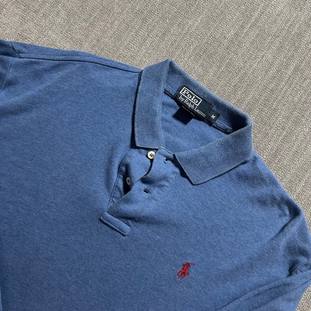 Polo Ralph Lauren Long Sleeve Polo Mens M Blue Heathered Cotton Red Pony Logo